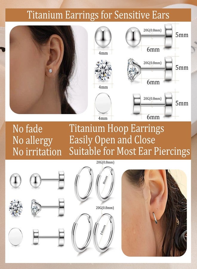 Staligue 5 Pairs Pure Titanium Earrings for Women - 20G Hypoallergenic Flat Back Earrings - Studs & Hoops Set with CZ(Silvery) - Image 4